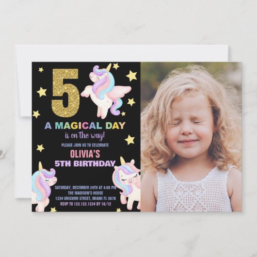 5e Rainbow Unicorn Invitations Anniversaire avec p (Devant)