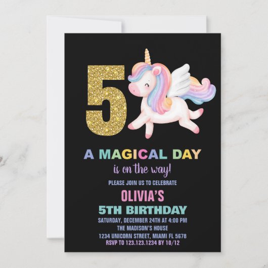 5e Rainbow Unicorn Invitations Anniversaire Noir (Devant)