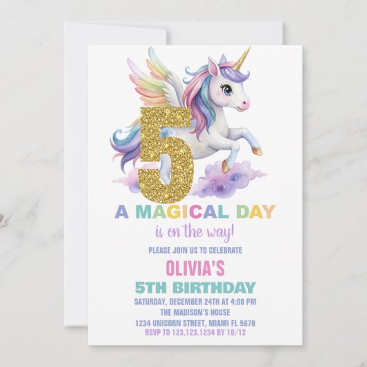 5e Rainbow Unicorn Invitations Anniversaire Vol (Devant)