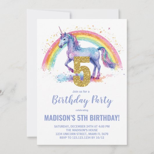 5e Rainbow Unicorn Invitations d'anniversaire (Devant)