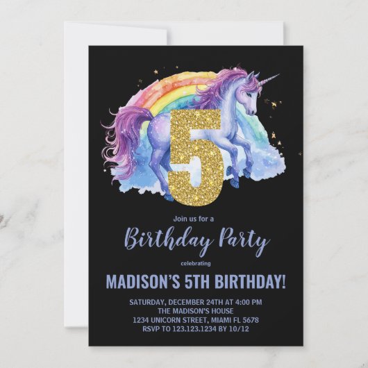 5e Rainbow Unicorn Invitations d'anniversaire (Devant)
