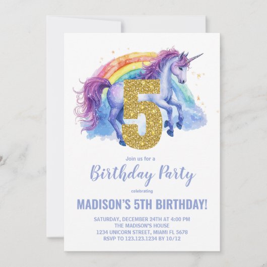 5e Rainbow Unicorn Invitations d'anniversaire (Devant)