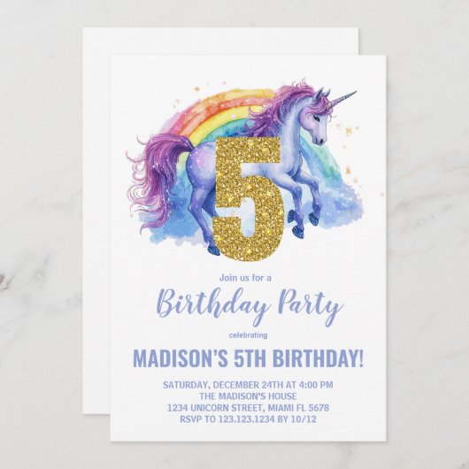5e Rainbow Unicorn Invitations d'anniversaire (Devant / Derrière)