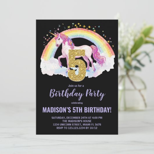 5e Rainbow Unicorn Invitations d'anniversaire (Debout devant)