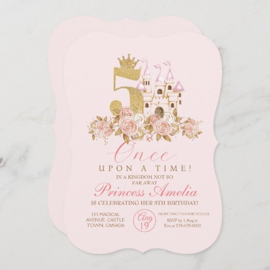 5e Schattigee roze gouden prinses kasteel verjaard Kaart (Voorkant / Achterkant)