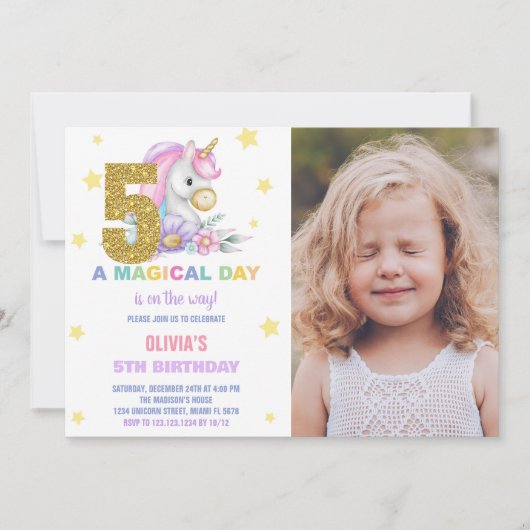 5e Unicorne florale Invitations d'anniversaire ave (Devant)