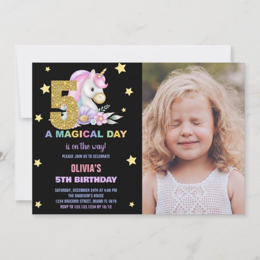 5e Unicorne florale Invitations d'anniversaire ave (Devant)