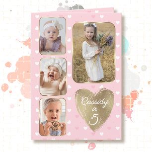 5e verjaardag 4 foto collage goud roze harten kaart