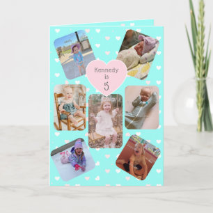 5e verjaardag 7 foto collage turquoise roze harten kaart