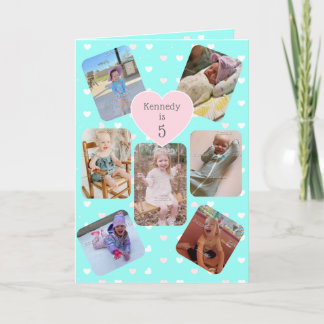 5e verjaardag 7 foto collage turquoise roze harten kaart