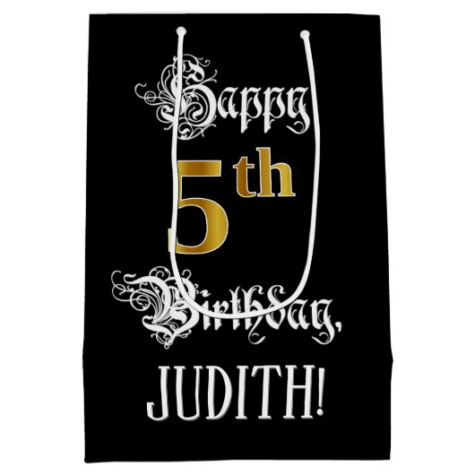 5e verjaardag ~ Fancy script; Faux Gold Kijk; naam Medium Cadeauzakje (Achterkant)