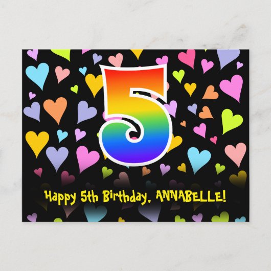 5e verjaardag: Fun Hearts Pattern, Regenboog 5 Briefkaart (Voorkant)