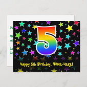 5e verjaardag: Fun Stars Pattern, Rainbow 5, naam Briefkaart (Voorkant / Achterkant)
