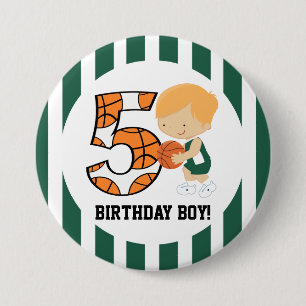 5e verjaardag: Groen en Witte Basketball Player v2 Ronde Button 7,6 Cm