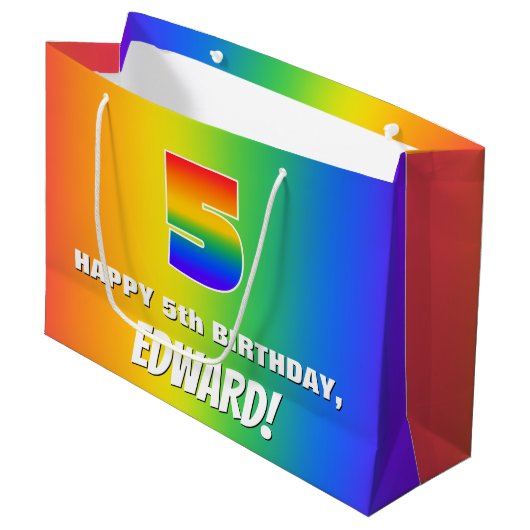 5e verjaardag: kleurrijk, vun regenboogpatroon # 5 groot cadeauzakje (Voorkant Gekanteld)