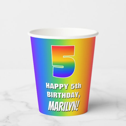 5e verjaardag: kleurrijk, vun regenboogpatroon # 5 papieren bekers (Achterkant)