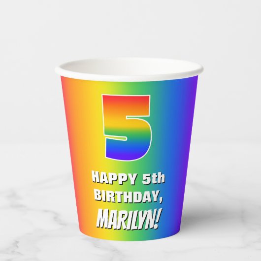 5e verjaardag: kleurrijk, vun regenboogpatroon # 5 papieren bekers (Voorkant)