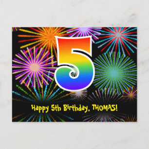 5e verjaardag – Leuke vuurwerkpatroon + Regenboog  Briefkaart