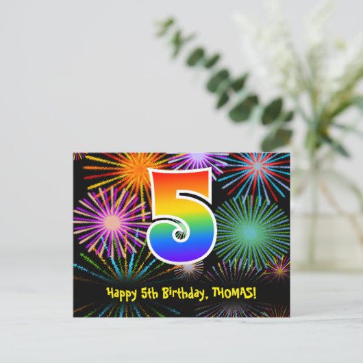 5e verjaardag – Leuke vuurwerkpatroon + Regenboog Briefkaart (Staand voorkant)