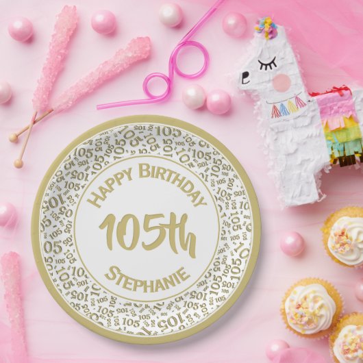 5e Verjaardag Modern Nummer Patroon Goud/Wit Papieren Bordje (Feest)