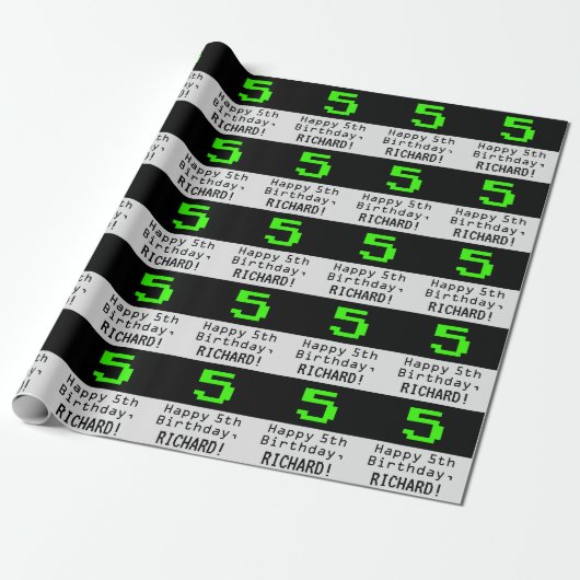 5e verjaardag - Nerdy / Geeky stijl "5" en naam Cadeaupapier (Uitgerold)