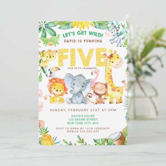 5e Verjaardag Oerwoud Safari Boy Party Zoo Animals Kaart (Staand voorkant)
