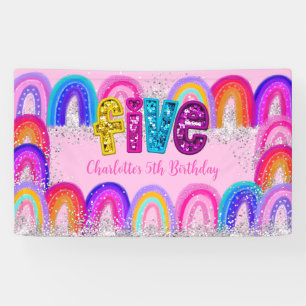 5e verjaardag regenboog pailletten glitters feestb spandoek