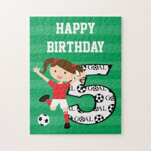 5e verjaardag Rood en wit voetbalmeisje 1 Legpuzzel