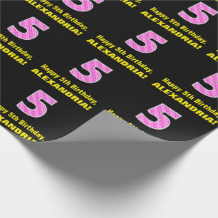 5e verjaardag: Roze strepen en hart "5" + Naam Cadeaupapier