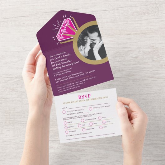 5e verjaardag Roze Toermalijn diner menu RSVP All In One Uitnodiging (Afscheurbaar)