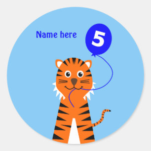 5e verjaardag Tiger Voeg naam toe Blauw Ronde Sticker