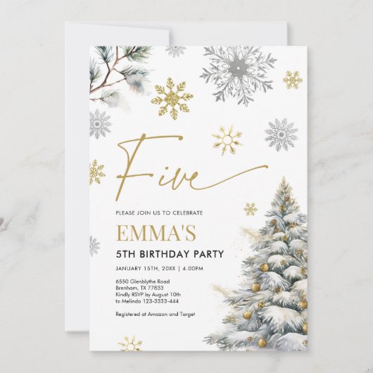 5e verjaardag uitnodiging, winter vijf verjaardag kaart (Voorkant)