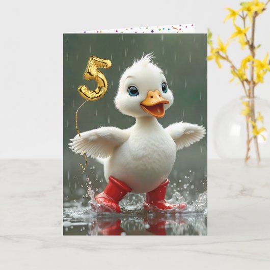 5e verjaardag Witte Eend in een plas regenwater Kaart (Gele Bloem)