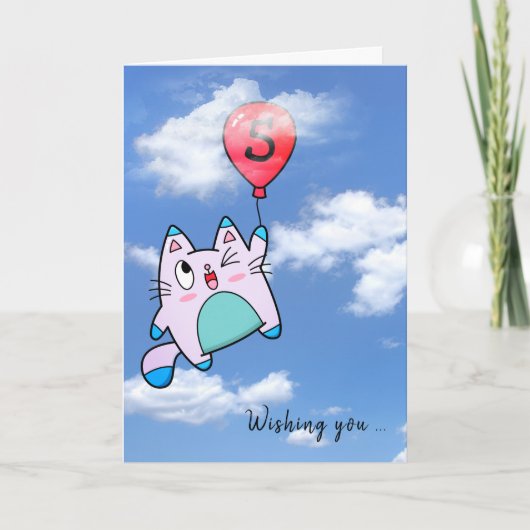5e verjaardagskat en ballon Kaart (Voorkant)