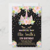 5ème Floral Black Unicorn Invitations Anniversaire (Devant)
