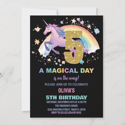 5ème Unicorn Invitations d'anniversaire (Devant)