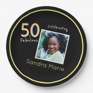 5O en Fabulous Black Yellow Rainbow Chic Birthday Papieren Bordje