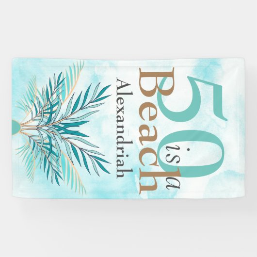 5O IS EEN STRAND Vijftigste Blauw Blauwgroen feest Spandoek (Horizontaal)