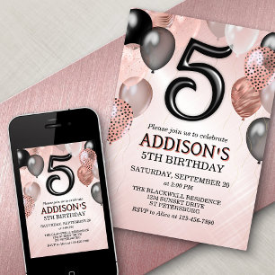 5th Birthday Roos Gold Balloons Invitation Kaart