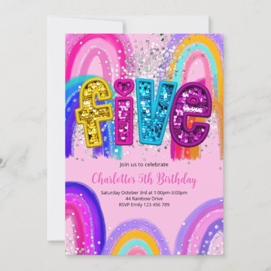 5th Birthday Sequin Rainbow Party Invitation (Devant)