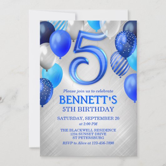 5th Boys Blue Birthday Invitation (Devant)