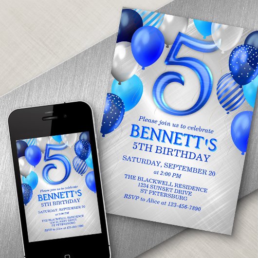 5th Boys Blue Birthday Invitation