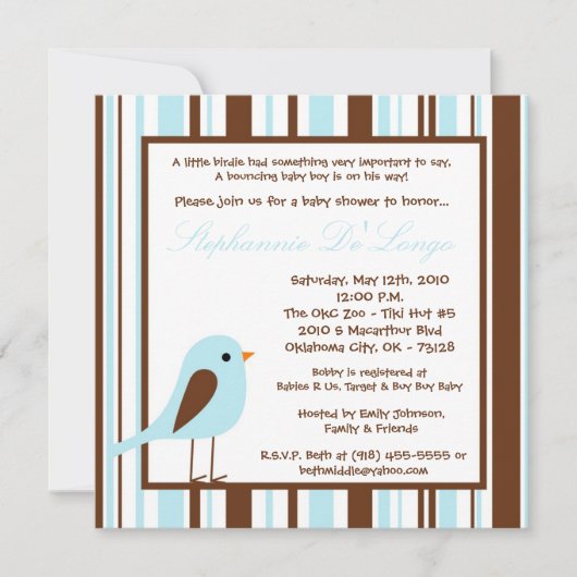 5x5 Blue Boy Woodland Bird Baby shower Invitation (Devant)