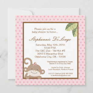 5x5 Invitation Baby shower de singe rose fille