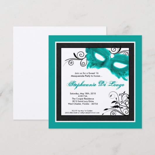 5x5 Masquerade TURQUOISE Masque 16 Invitation Anni (Devant / Derrière)