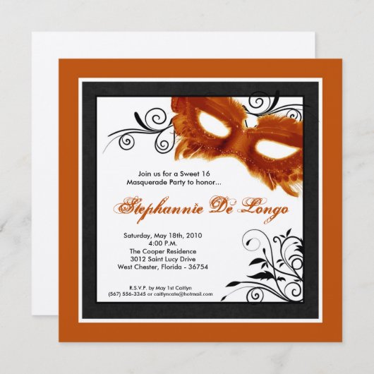 5x5 Orange Masquerade Masque Masque 16 Invitation (Devant / Derrière)
