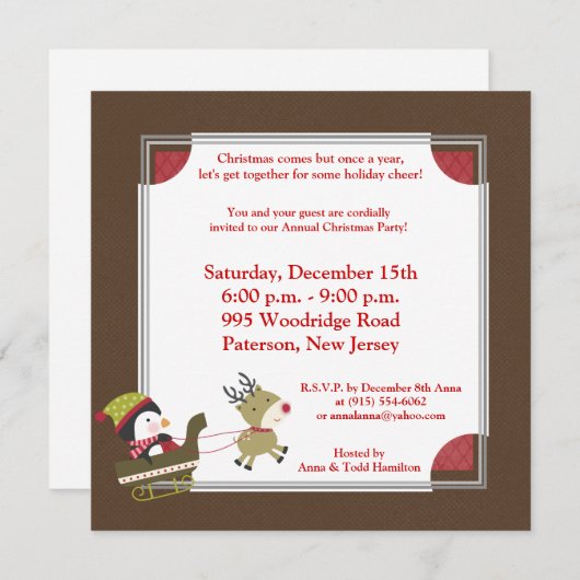 5x5 Pinguïn/Reindeer Kerstmis Uitnodiging (Voorkant / Achterkant)