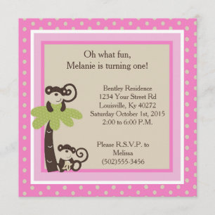 5x5 Pink Mod Monkey Time 1st Birthday Uitnodiging
