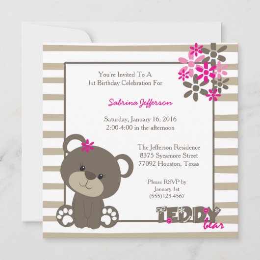 5x5 Pink Teddy Bear Anniversaire Fête Invitation (Devant)