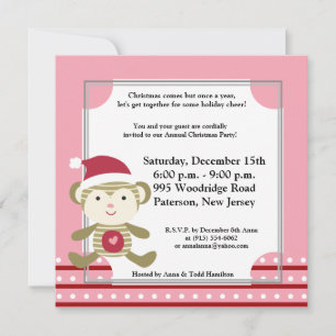 5x5 Winter Monkey in Santa Hat Invitation Kaart
